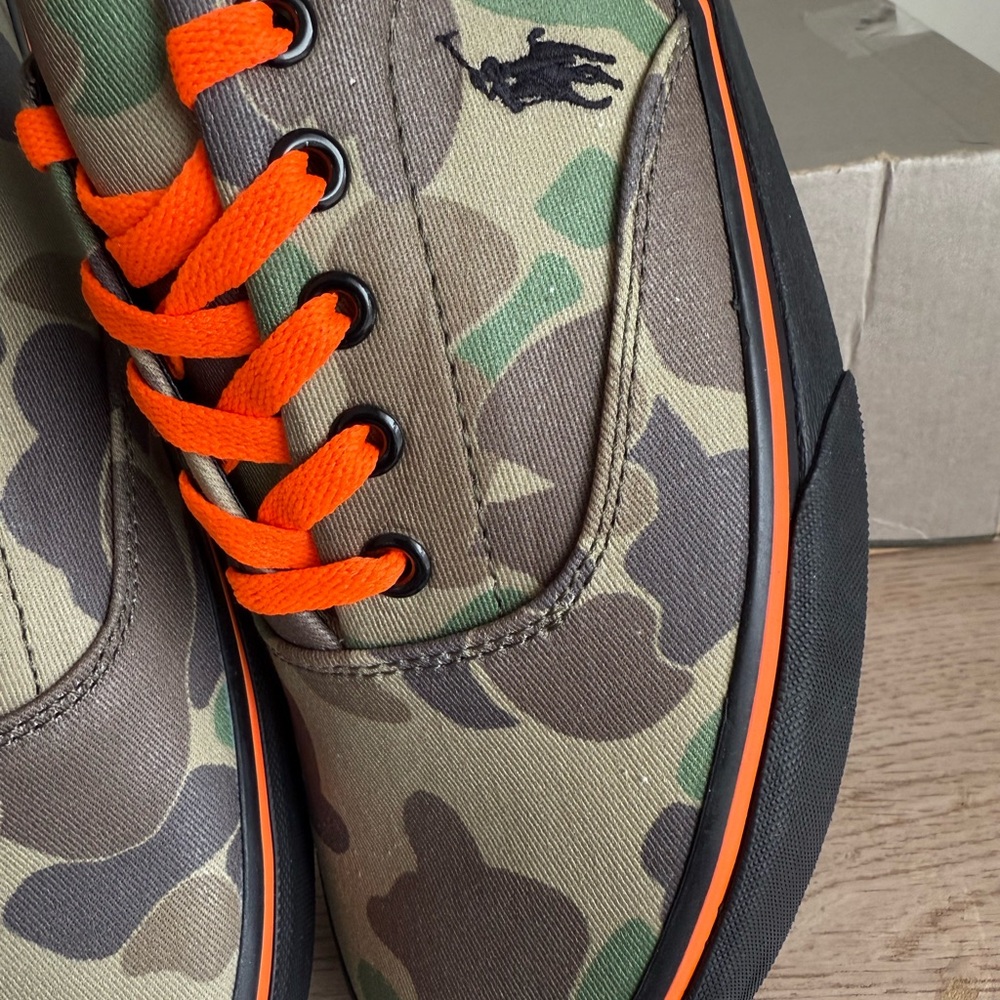 Polo Ralph Lauren Camouflage Green/Orange Canvas Men Sneakers- SZ 10.5 - Picture 11 of 12